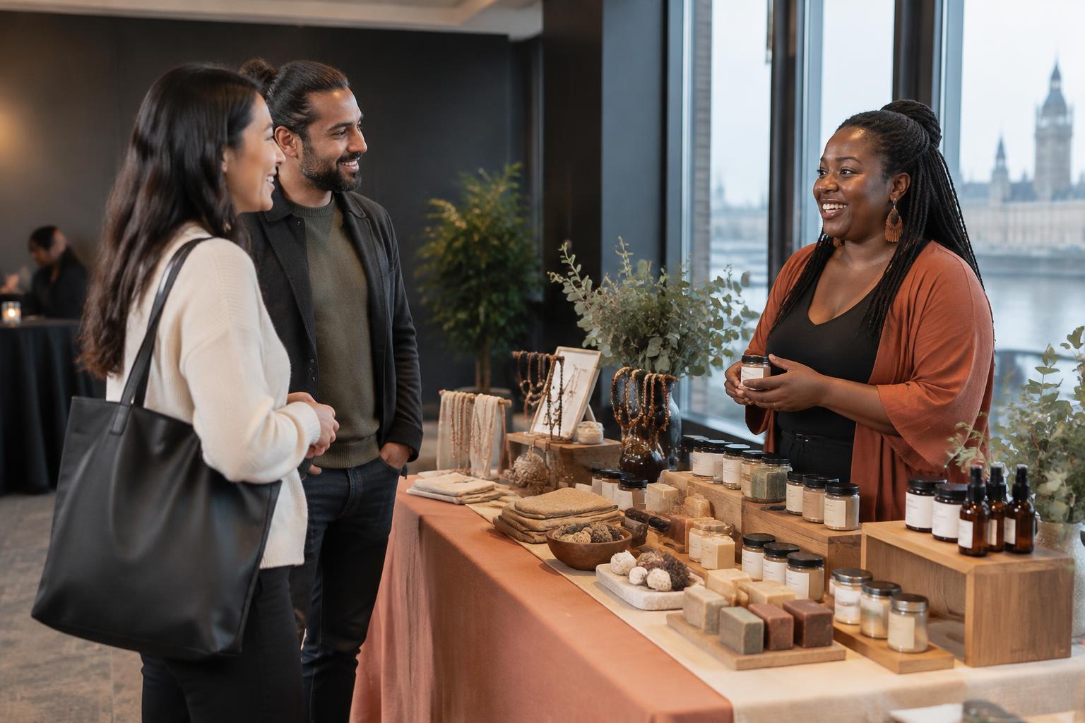 Illustrative vendor table with artisan products and a business owner meeting attendees